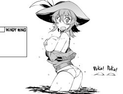 Rule 34 | 1girl, ass, bikini, bikini bottom only, blush, breast hold, breasts, butt crack, cleavage, covering privates, covering breasts, greyscale, hat, jacket, kusanagi tonbo, large breasts, mitsuru-kun(kusanagi tonbo), monochrome, off shoulder, open mouth, original, short hair, solo, swimsuit, topless, water