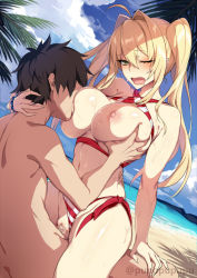 Rule 34 | 1boy, 1girl, ahoge, bare shoulders, beach, bead bracelet, beads, bikini, bikini bottom aside, black hair, blonde hair, blue sky, blush, bracelet, breast sucking, breasts, censored, cleavage, clothing aside, collarbone, criss-cross halter, day, fate/grand order, fate (series), fujimaru ritsuka (male), girl on top, grabbing, grabbing another&#039;s breast, green eyes, hair between eyes, hair intakes, halterneck, hetero, highres, jewelry, large breasts, long hair, mosaic censoring, navel, nero claudius (fate), nero claudius (fate) (all), nero claudius (swimsuit caster) (fate), nipples, one eye closed, open mouth, outdoors, palm tree, penis, puuzaki puuna, red bikini, sex, shiny skin, shore, short hair, side-tie bikini bottom, sky, straddling, striped bikini, striped clothes, sweat, swimsuit, thighs, tree, twintails, upright straddle, vaginal