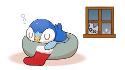 Rule 34 | bean bag chair, blurry, bubble, christmas stocking, closed eyes, closed mouth, commentary request, creatures (company), delibird, depth of field, game freak, gen 2 pokemon, gen 4 pokemon, glass, holding, indoors, looking inside, lying, nintendo, no humans, official art, on stomach, piplup, pokemon, pokemon (creature), project pochama, sleeping, u u, window