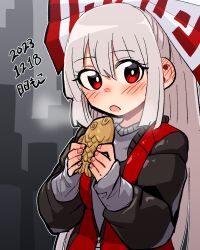 Rule 34 | 1girl, absurdres, blush, bow, dated, dated commentary, ear blush, food, fujiwara no mokou, hair bow, highres, holding, holding food, jacket, long hair, long sleeves, neophyte, open mouth, red eyes, sleeves past wrists, solo, steam, taiyaki, touhou, wagashi, white hair