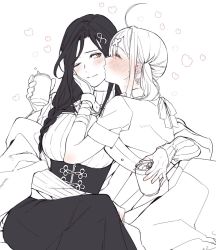 Rule 34 | 2girls, ahoge, black hair, blush, brown eyes, can, closed eyes, commentary request, facing another, greyscale, heart, holding, holding can, kiss, kissing cheek, korean commentary, long hair, long sleeves, looking at another, monochrome, multiple girls, nijisanji, one eye closed, ribbed sweater, shirayuki tomoe, short sleeves, since2019, smile, spot color, squeans, sukoya kana, sweater, twintails, virtual youtuber, white background, white hair, yuri