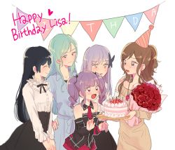 Rule 34 | 5girls, ^ ^, aqua hair, bad id, bad twitter id, bang dream!, beige sweater, birthday cake, black hair, black neckwear, black skirt, blue dress, bouquet, brown hair, butterfly hair ornament, cake, character name, closed eyes, commentary request, crying, detached sleeves, dress, earrings, english text, flower, food, frilled shirt collar, frills, green eyes, grey hair, hair ornament, half updo, happy birthday, happy tears, hat, heart, high-waist skirt, hikawa sayo, imai lisa, jewelry, korean commentary, long sleeves, minato yukina, multiple girls, neck ribbon, necktie, open mouth, party hat, purple eyes, purple hair, red flower, red neckwear, red rose, res2shuu, ribbon, rose, roselia (bang dream!), shirokane rinko, shirt, sidelocks, simple background, skirt, smile, string of flags, sweatdrop, sweater, sweater dress, tears, twintails, udagawa ako, white background, white shirt, yellow eyes