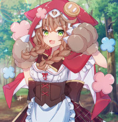 Rule 34 | 1girl, :d, absurdres, animal ears, animal hands, animal hood, apron, arms up, blurry, blurry background, blush, braid, breasts, brown gloves, brown hair, cleavage, cloak, fake animal ears, fang, frilled apron, frills, gloves, green eyes, hair between eyes, hair over shoulder, hands up, highres, hood, hood up, hooded cloak, lens flare, long hair, looking at viewer, low twintails, medium breasts, nijisanji, open mouth, paw gloves, plaid, plaid skirt, pleated skirt, sapphire (sapphire25252), shirt, skirt, smile, solo, sparkle, tree, twin braids, twintails, v-shaped eyebrows, virtual youtuber, waist apron, warabeda meijii, warabeda meijii (1st costume), white apron, white shirt