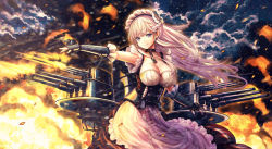 Rule 34 | 1girl, apron, azur lane, belfast (azur lane), blue eyes, blush, braid, breasts, cannon, catbell, chain, cleavage, cloud, cloudy sky, collar, collarbone, dress, evening, explosion, fire, firing, floating hair, french braid, frills, gloves, hair between eyes, highres, large breasts, long hair, looking afar, machinery, maid, maid headdress, outstretched arm, rigging, sidelocks, silver hair, sky, smile, smoke, smoke trail, solo, spray, turret, water drop, white gloves
