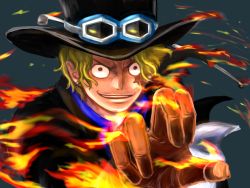 Rule 34 | 1boy, asuma (sorawomai), blonde hair, fire, gloves, goggles, goggles on headwear, hat, male focus, one piece, sabo (one piece), scar, solo, top hat