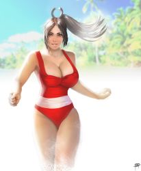 Rule 34 | 1girl, beach, breasts, brown eyes, brown hair, cleavage, day, highres, huge breasts, large breasts, lips, long hair, looking at viewer, megaween, one-piece swimsuit, ponytail, red one-piece swimsuit, revision, running, shiranui mai, smile, solo, swimsuit, the king of fighters