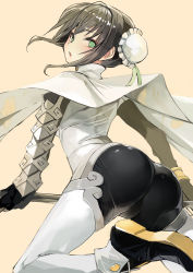 Rule 34 | 1girl, ass, black gloves, black hair, bodysuit, breasts, cape, chinese clothes, commentary request, double bun, fate/grand order, fate (series), fingerless gloves, gloves, green eyes, hair between eyes, hair bun, highres, holding, holding weapon, leg up, looking at viewer, looking back, medium breasts, open mouth, polearm, qin liangyu (fate), shiny clothes, short hair, sidelocks, skin tight, solo, taishi (picchiridou), weapon, white bodysuit