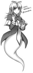 Rule 34 | 1girl, :t, burning, cake, cake slice, candle, capelet, closed mouth, dated, eating, fire, food, fork, full body, ghost tail, greyscale, hair ribbon, happy birthday, highres, holding, holding fork, holding saucer, jacket, long hair, long sleeves, looking at viewer, monochrome, ndtwofives, original, ribbon, saucer, simple background, solo, white background