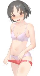 Rule 34 | 1girl, bare arms, bare shoulders, black hair, blush, bow, bow bra, bow panties, bra, breasts, brown eyes, brown hair, buruma, buruma pull, cleavage, clothes pull, collarbone, commentary request, cowboy shot, hair tie, highres, kantai collection, looking at viewer, nagara (kancolle), navel, open mouth, panties, pink bra, pink panties, red buruma, sakieko, short hair, side ponytail, simple background, small breasts, solo, standing, stomach, thighs, underwear, undressing, white background, white bow