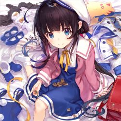 Rule 34 | 1girl, ahoge, backpack, bag, black hair, blue dress, blue eyes, blue footwear, blush, board game, boots, breasts, closed mouth, collared shirt, commentary, dress, eyelashes, folding fan, fur-trimmed boots, fur trim, hand fan, hat, hinatsuru ai, holding, jacket, long hair, long sleeves, looking at viewer, neck ribbon, open clothes, open jacket, paper fan, pink jacket, randoseru, ribbon, ryuuou no oshigoto!, sailor collar, shirabi, shirt, shoes, shogi, sitting, small breasts, smile, socks, solo, twintails, unworn backpack, unworn bag, unworn clothes, unworn shoes, white hat, white shirt, white socks, wing collar, yellow ribbon