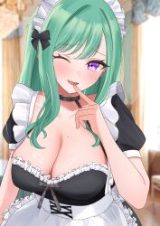 Rule 34 | 1girl, ;), absurdres, alternate costume, apron, black bow, black collar, black dress, blush, bow, breasts, cleavage, collar, cross, cross earrings, dress, earrings, enmaided, finger to mouth, frilled apron, frilled dress, frills, green hair, grey bow, hair bow, highres, index finger raised, indoors, jewelry, large breasts, long hair, looking at viewer, maid, maid headdress, mole, mole on breast, one eye closed, open mouth, pink nails, puffy short sleeves, puffy sleeves, purple eyes, short sleeves, smile, solo, swept bangs, virtual youtuber, vspo!, waist apron, white apron, yakumo beni, ysnhryk