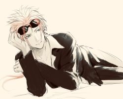 Rule 34 | 1boy, bad id, bad pixiv id, blue eyes, cheek rest, closed mouth, collarbone, collared shirt, commentary request, earrings, eyewear on head, final fantasy, final fantasy vii, final fantasy vii remake, formal, head rest, highres, jewelry, long sleeves, lying, male focus, mondi hl, on stomach, red hair, reno (ff7), shirt, short hair, sketch, smile, solo, spot color, suit, sunglasses