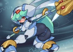 Rule 34 | 1girl, anus, ass, blush, bodysuit, breasts, bulge, covered erect nipples, erection, erection under clothes, fighting stance, highres, huge ass, large breasts, looking at viewer, looking back, mega man (series), mega man zx, pandora (mega man), pochincoff, pussy, thighhighs, weapon