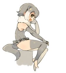 Rule 34 | 1girl, animal ears, bad id, bad twitter id, breasts, character request, feet, full body, grey hair, kemono friends, looking at viewer, mota, open mouth, short hair, simple background, smile, solo, tail, thighhighs, white background