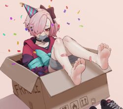 Rule 34 | 1girl, absurdres, bandaid, bandaid on leg, barefoot, black choker, black hoodie, blush, bound, bound legs, bow, box, cardboard box, choker, collarbone, commentary, confetti, dutch angle, ear piercing, ear spike, english commentary, english text, eyelashes, feet, feet up, foreshortening, gag, gagged, hair bow, hair ornament, hair over one eye, hat, highres, hood, hoodie, improvised gag, in box, in container, k-rha&#039;s, knees up, legs, medium hair, nail polish, o-ring, o-ring choker, original, parted bangs, party hat, piercing, pink hair, red eyes, red hoodie, restrained, ringed eyes, shiny skin, shoes, unworn shoes, side ponytail, sidelocks, sitting, sleeves past wrists, sneakers, socks, soles, solo, sweatdrop, tan background, tape, tape bondage, tape gag, thighs, toenail polish, toenails, toes, variant set, violett (k-rha), white socks, x hair ornament