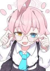 Rule 34 | 1girl, absurdres, ahoge, black skirt, blue archive, blue eyes, blue necktie, chest harness, collared shirt, fang, glasses, hair between eyes, halo, harness, heterochromia, high (hgih), highres, hoshino (blue archive), long hair, long sleeves, looking at viewer, necktie, open mouth, pink hair, shirt, simple background, skirt, smile, solo, white background, white shirt, yellow eyes