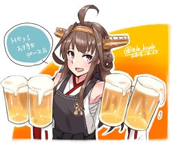 Rule 34 | 1girl, ahoge, alakoala, alcohol, apron, beer, beer mug, black apron, brown hair, chestnut mouth, commentary request, cup, dated, double bun, fish, hairband, headgear, highres, kantai collection, kongou (kancolle), long hair, mug, one-hour drawing challenge, open mouth, ribbon-trimmed sleeves, ribbon trim, solo, translation request, twitter username, upper body, white apron
