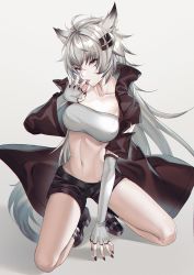 Rule 34 | 1girl, animal ears, antenna hair, arknights, bad id, bad pixiv id, bandeau, belt, black jacket, black legwear, black shorts, blood, boots, breasts, collarbone, elbow gloves, fingerless gloves, gloves, grey eyes, hair between eyes, hair ornament, hairclip, highres, jacket, kernel killer, kneeling, lappland (arknights), licking, licking finger, long hair, looking at viewer, navel, scar, scar across eye, scar on face, short shorts, short sleeves, shorts, silver hair, simple background, solo, stomach, strapless, tongue, tongue out, torn clothes, tube top, white background, white gloves, wolf ears