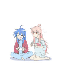 Rule 34 | 2girls, :3, :d, = =, absurdres, ahoge, bare legs, barefoot, blue hair, closed eyes, commentary, controller, crossover, dot nose, flying sweatdrops, full body, game controller, hair between eyes, highres, holding, holding controller, holding game controller, izumi konata, long hair, looking at another, lucky star, mole, mole under eye, multiple girls, no pants, off shoulder, onii-chan wa oshimai!, open mouth, oversized clothes, oversized shirt, oyama mahiro, pink hair, shirt, sidelocks, simple background, sitting, sketch, smile, trait connection, white background, xianhuiyu2