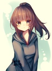 Rule 34 | 1girl, 2015, :&lt;, artist name, azu torako, blue eyes, blush, brown hair, closed mouth, dated, hood, hoodie, long hair, looking at viewer, original, ponytail, signature, solo, upper body, v arms