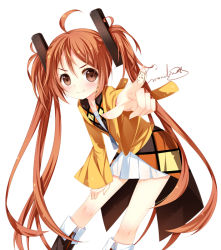 Rule 34 | &gt;:), 10s, 1girl, ahoge, aihara enju, black bullet, blush, brown eyes, brown hair, grandia bing, hair ornament, long hair, pleated skirt, pointing, pointing at viewer, signature, simple background, skirt, smile, solo, twintails, v-shaped eyebrows, white background