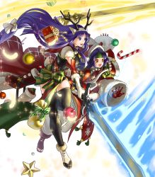 Rule 34 | 2girls, altina (fire emblem), altina (winter) (fire emblem), animal ears, antlers, bell, black legwear, blue eyes, blue hair, box, breasts, candy, candy cane, capelet, christmas ornaments, closed mouth, deer ears, fake animal ears, feathers, fire emblem, fire emblem: radiant dawn, fire emblem heroes, food, fur trim, gift, gift box, gloves, glowing, glowing weapon, hair ornament, hat, headband, highres, holding, holding sword, holding weapon, horns, kita senri, leg up, long hair, looking away, low-tied long hair, medium breasts, multiple girls, nintendo, official art, open mouth, pom pom (clothes), purple hair, red gloves, reindeer antlers, sanaki kirsch altina, santa hat, smile, sparkle, star (symbol), sword, thighhighs, toeless footwear, transparent background, weapon, white footwear, white gloves, wide sleeves, yellow eyes