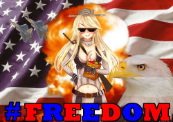 Rule 34 | &#039;murica, 10s, 1girl, absurdres, aircraft, airplane, american flag, bag, belt, between breasts, bird, blonde hair, blush, breasts, burger, cleavage, crying bald eagle, drinking straw, eagle, elbow gloves, explosion, eyebrows, flag, food, french fries, garter straps, gloves, gun, hand on own hip, headgear, highres, iowa (kancolle), kantai collection, long hair, looking at viewer, luminois, mcdonald&#039;s, miniskirt, mushroom cloud, navel, nuclear explosion, nuclear weapon, paper bag, parted lips, product placement, skirt, smile, solo, sunglasses, symbol-shaped pupils, united states, uss iowa (bb-61), weapon, weapon of mass destruction, wrist cuffs