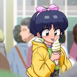 Rule 34 | blue hair, blue jacket, blurry, blurry background, bow, brown eyes, hair bow, ice cream cone, jacket, pink bow, ranma 1/2, short hair, solo focus, tendou akane, tongue, tongue out, wanta (futoshi), yellow jacket