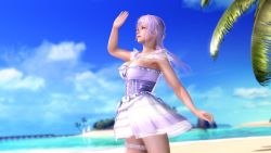 Rule 34 | 1girl, 3d, beach, blurry, breasts, cleavage, cloud, cowboy shot, dead or alive, dead or alive xtreme venus vacation, depth of field, fiona (doa), large breasts, light purple hair, long hair, looking away, looking up, no bra, ocean, official art, outdoors, purple eyes, sky, sleeveless, standing, tagme, tecmo, underbust