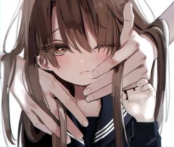 Rule 34 | 1girl, blush, brown eyes, brown hair, child, female focus, hand on another&#039;s face, highres, honnryou hanaru, one eye closed, original, sailor collar, school uniform, simple background, solo focus, white background