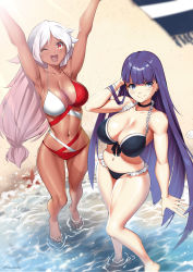 Rule 34 | 2girls, absurdres, adjusting hair, armpits, arms up, artist name, beach, bikini, blue eyes, breasts, choker, cleavage, commission, dark-skinned female, dark skin, fate (series), frilled bikini, frills, from above, highres, hime cut, large breasts, long hair, looking at viewer, lulu-chan92, martha (fate), martha (swimsuit ruler) (fate), multicolored hair, multiple girls, one eye closed, original, purple hair, sand, scar, scar across eye, scar on face, seashell, shell, starfish, sunlight, swimsuit, twitter username, two-tone dress, two-tone hair