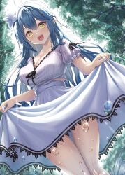 Rule 34 | 1girl, :d, absurdres, ahoge, blue hair, braid, breasts, bubble, cleavage, clothes lift, collarbone, dress, fingernails, flower, hair between eyes, hair flower, hair ornament, heart, heart ahoge, highres, hololive, large breasts, long hair, long skirt, looking at viewer, open mouth, pointy ears, skirt, skirt hold, smile, snowflake hair ornament, solo, teeth, thighs, tree, uehiro, upper teeth only, virtual youtuber, water, white nails, white skirt, yellow eyes, yukihana lamy