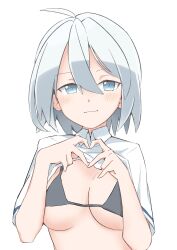 Rule 34 | 1girl, ahoge, bikini, bikini under clothes, black bikini, blue eyes, breasts, clothes lift, commentary, hair between eyes, heart, heart hands, highres, large breasts, lifted by self, light blush, light smile, looking at viewer, original, paid reward available, shirt, shirt lift, short hair, short sleeves, solo, string bikini, swimsuit, symbol-only commentary, upper body, white hair, white shirt, wing collar, yutamaro