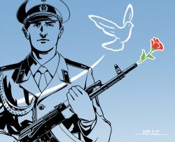 Rule 34 | 1boy, aiguillette, ak-74, assault rifle, bird, black eyes, blue background, buttons, closed mouth, collar tabs, collared shirt, commentary request, dated, dove, epaulettes, flower, flower in gun, flying, gradient background, gun, hammer and sickle, hat, hat ornament, highres, holding, holding gun, holding weapon, horikou, jacket, kalashnikov rifle, lapels, leaf, light blue background, limited palette, lineart, long sleeves, looking ahead, male focus, military, military hat, military jacket, military uniform, necktie, nose, original, outline, peaked cap, realistic, red flower, rifle, serious, shirt, short hair, signature, solid eyes, solo, soviet, soviet army, star (symbol), star hat ornament, two-tone headwear, uniform, upper body, very short hair, weapon, white outline, wreath