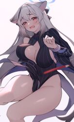 Rule 34 | absurdres, aged up, animal ears, bare legs, black dress, blue archive, blush, breasts, brown eyes, cleavage, cleavage cutout, clothing cutout, dress, feet out of frame, gradient hair, grey hair, groin, halo, highres, kokona (blue archive), large breasts, long hair, looking at viewer, multicolored hair, pelvic curtain, shiratategosha, simple background, single sleeve, streaked hair, striped clothes, striped dress, tiger ears, vertical-striped clothes, vertical-striped dress, very long hair, white background