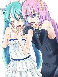 Rule 34 | 2girls, :d, ;d, aqua eyes, aqua hair, bare arms, bare shoulders, black dress, black gloves, blue eyes, blush, collarbone, couple, dress, elbow gloves, frilled dress, frills, gloves, hair between eyes, hair ribbon, hairband, hand on another&#039;s shoulder, happy, hatsune miku, long hair, looking at another, looking to the side, megurine luka, multiple girls, neck, one eye closed, open mouth, pink hair, ribbon, simple background, smile, strapless, strapless dress, t shatsu, twintails, vocaloid, white background, white dress, wince, yuri