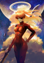 Rule 34 | 1girl, bad id, bad pixiv id, blue eyes, bodysuit, bracer, breasts, breasts apart, cloud, covered erect nipples, covered navel, cowboy shot, curvy, duct tape, eyepatch, floating hair, full moon, gloves, halo, hand on own hip, highres, hip focus, holding, holding weapon, impossible bodysuit, impossible clothes, light smile, long hair, looking at viewer, medium breasts, moeark, moon, neon genesis evangelion, orange hair, plugsuit, polearm, rebuild of evangelion, skin tight, smile, solo, souryuu asuka langley, spear, standing, turtleneck, two side up, weapon, wide hips