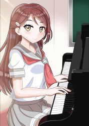 Rule 34 | 1girl, artist name, artist request, blush, breasts, brown eyes, brown hair, chair, collarbone, collared shirt, female focus, grey sailor collar, grey skirt, hair between eyes, hair ornament, hairclip, half updo, highres, indoors, instrument, long hair, looking at viewer, love live!, love live! sunshine!!, miniskirt, neckerchief, necktie, on chair, orange eyes, parted lips, piano, plaid, plaid skirt, pleated, pleated skirt, red hair, red neckerchief, sailor collar, sakurauchi riko, school uniform, shirt, short sleeves, sitting, skirt, small breasts, smile, solo, sparkle, tie clip, uranohoshi school uniform, white shirt