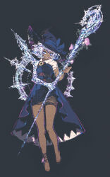 Rule 34 | 1girl, :d, alternate costume, alternate skin color, belt, black background, blue dress, blue hat, blue ribbon, brown ribbon, buttons, cirno, collared shirt, crystal hair, dark-skinned female, dark skin, dress, flower, full body, hat, hat ribbon, high-low skirt, highres, holding, holding staff, ice, layered dress, leg ribbon, legs apart, loftyanchor, open mouth, ribbon, shirt, short hair, short sleeves, simple background, smile, solo, staff, tanned cirno, thigh strap, touhou, white shirt, witch, witch hat