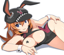 Rule 34 | 1girl, animal ears, blue eyes, breasts, charlotte e. yeager, cleavage, hat, large breasts, leotard, long hair, looking at viewer, lying, nanashino, on side, open mouth, orange hair, rabbit ears, rabbit tail, simple background, smile, strike witches, tail, white background, world witches series