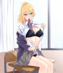 Rule 34 | 1girl, akira miku ver, black bra, black panties, blonde hair, bra, breasts, classroom, cleavage, clothes lift, collared shirt, desk, dress shirt, green eyes, grey necktie, grey skirt, hair between eyes, high ponytail, highres, indoors, lifted by self, long hair, looking at viewer, medium breasts, miniskirt, mouth hold, necktie, on desk, open clothes, open shirt, original, panties, plaid, plaid skirt, pleated skirt, school uniform, shirt, sitting, on desk, skirt, skirt lift, solo, underwear, white shirt, wing collar