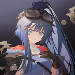 Rule 34 | 1girl, absurdres, arknights, astgenne (arknights), black background, black cape, black gloves, blue eyes, blue shirt, cape, gloves, goggles, goggles on head, hand up, highres, long hair, looking at viewer, pingdiguo, ponytail, shirt, simple background, solo, upper body
