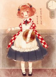 Rule 34 | 1girl, apron, bad id, bad twitter id, bell, blush, checkered clothes, checkered kimono, full body, hair bell, hair ornament, head tilt, japanese clothes, kimono, long sleeves, looking at viewer, maid headdress, mary janes, motoori kosuzu, open mouth, red eyes, red hair, shoes, skirt, smile, socks, solo, text focus, touhou, translation request, tray, twintails, two side up, white socks, wide sleeves, yujup