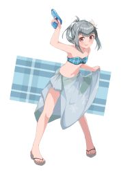 Rule 34 | 1girl, absurdres, bandeau, bikini, breasts, brown eyes, commentary request, cosplay, full body, green bikini, grey hair, hair ribbon, highres, kantai collection, long hair, looking at viewer, ooyodo (kancolle), ooyodo (kancolle) (cosplay), plaid, plaid bikini, ponytail, ribbon, sandals, sarong, small breasts, solo, standing, strapless, strapless bikini, swimsuit, uut, water gun, white background, white ribbon, yuubari (kancolle), yuubari kai ni (kancolle)