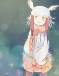 Rule 34 | 10s, 1girl, absurdres, blunt bangs, buttons, cowboy shot, empty eyes, fur collar, gloves, head wings, highres, japanese crested ibis (kemono friends), kemono friends, long sleeves, miniskirt, multicolored hair, pantyhose, pleated skirt, pleated sleeves, red gloves, red hair, red pantyhose, red skirt, skirt, smile, solo, uepon (shimo ponzu), white hair, wide sleeves, wings, yellow eyes