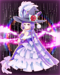 Rule 34 | 1girl, bow, commentary request, cure magical, cure magical (alexandrite style), dress, expressionless, eyelashes, flower, green bow, hat, hat bow, hat flower, highres, izayoi liko, komanana320, layered dress, long hair, looking at viewer, magical girl, mahou girls precure!, precure, purple dress, purple eyes, purple hair, purple theme, red flower, red rose, rose, solo, witch, witch hat