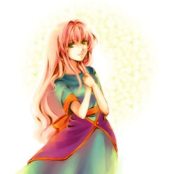 Rule 34 | 1girl, blunt bangs, dress, earrings, elle (tenchi souzou), green dress, green eyes, hand on own chest, jewelry, kurai (artist), kurai (campanella), long hair, own hands together, parted lips, pink hair, sash, short sleeves, solo, standing, tenchi souzou, very long hair, white background