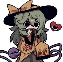 Rule 34 | 1girl, black eyes, black hat, blood, blood on clothes, blood on face, blood on hands, blood on mouth, blood stain, collared shirt, empty eyes, frilled shirt, frilled shirt collar, frilled sleeves, frills, green hair, green skirt, hair between eyes, hand to own mouth, hat, hat ribbon, heart, komeiji koishi, licking, long hair, long sleeves, ribbon, shirt, simple background, skirt, sleeves past fingers, sleeves past wrists, third eye, tongue, tongue out, touhou, white background, yellow ribbon, yellow shirt, zunusama