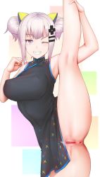 Rule 34 | 1girl, ;d, alternate costume, alternate hairstyle, anus, black dress, blue eyes, breasts, censored, china dress, chinese clothes, covered erect nipples, dress, female pubic hair, flexible, ginhaha, grin, hair bun, hair ornament, heart, heart-shaped pupils, kaguya luna, kneepits, large breasts, leg up, looking at viewer, mosaic censoring, no panties, one eye closed, open mouth, pubic hair, pussy, silver hair, single hair bun, smile, solo, split, standing, standing on one leg, standing split, symbol-shaped pupils, teeth, the moon studio, virtual youtuber