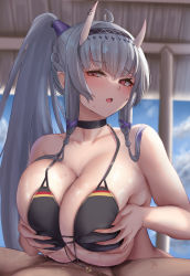 Rule 34 | 1boy, 1girl, :o, bikini, black bikini, black choker, blush, breasts, breasts squeezed together, choker, cleavage, collarbone, commentary request, commission, cosplay, grey hair, hair ornament, hetero, highres, horns, hoshikuma douji, houchi shoujo, huge breasts, large breasts, long hair, looking at viewer, mole, mole on breast, mole under eye, oni, oni horns, original, outdoors, paizuri, paizuri under clothes, parted lips, ponytail, prinz eugen (azur lane), prinz eugen (azur lane) (cosplay), red eyes, satou aji, sideboob, sidelocks, skeb commission, solo focus, swimsuit, underboob, wet